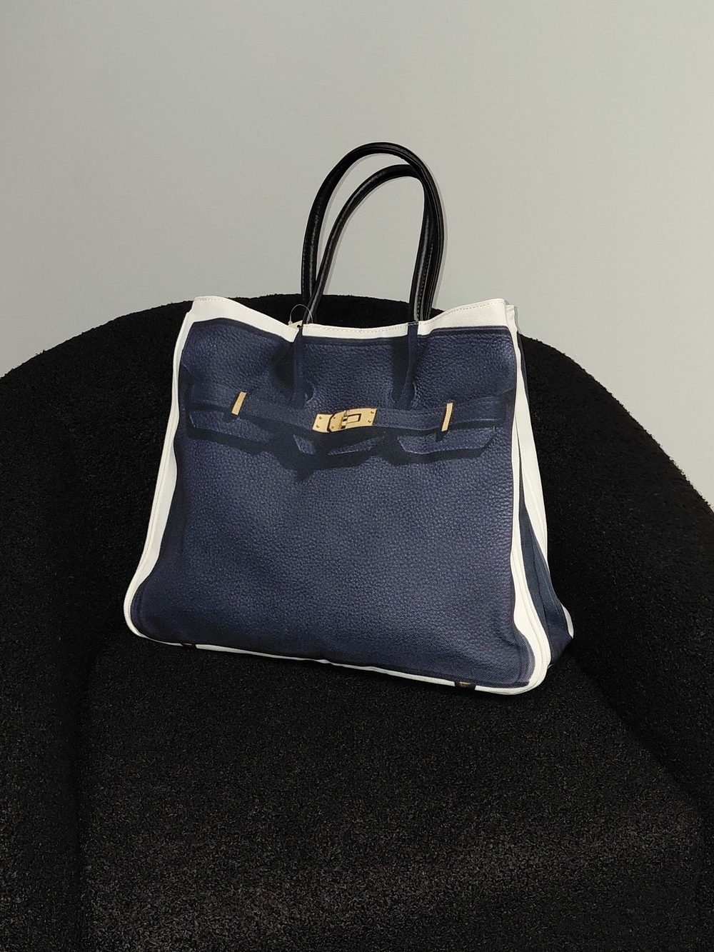 BIRKIN INSPIRED LARGE CANVAS Navy and White Leather Tote Bag with Black Handles - Picture 1 of 6